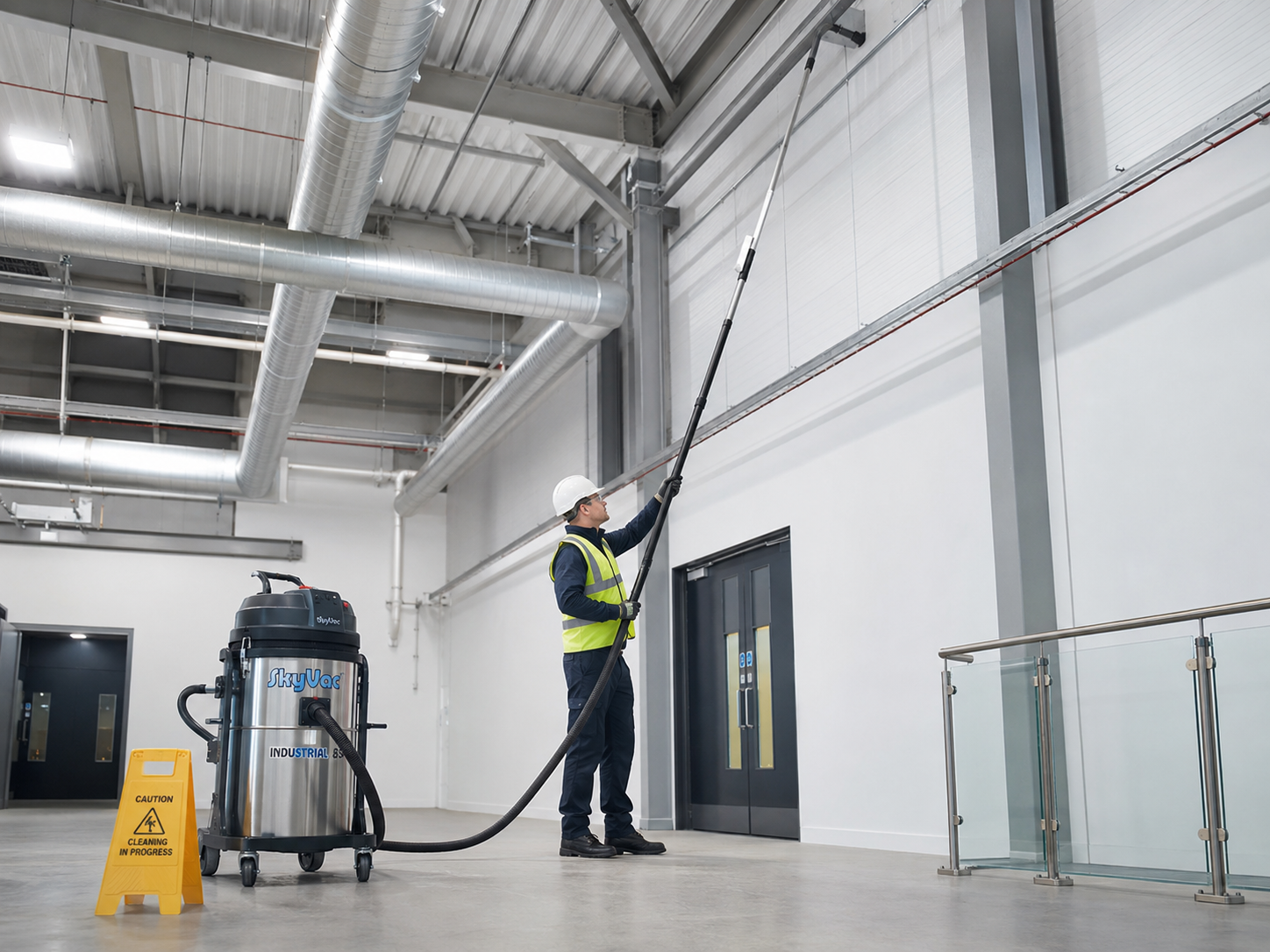 Operative using an extended vacuum pole to clean high internal beams and ceiling areas