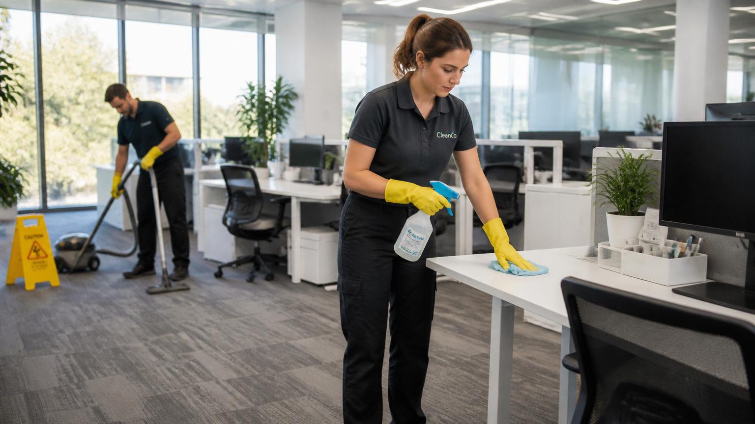 Professional office cleaning team working in a modern workplace