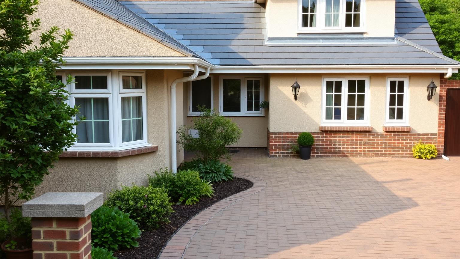 Well-kept Isle of Man style home exterior with clean gutters, slate roof and block-paved driveway