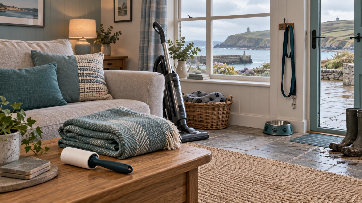 Illustration of a dog-friendly coastal holiday-let lounge with washable throw, lint roller, vacuum and water bowl
