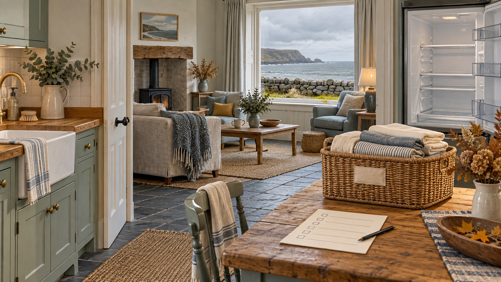 Illustration of an empty coastal holiday-let kitchen with a clean fridge, folded linen and closing checklist