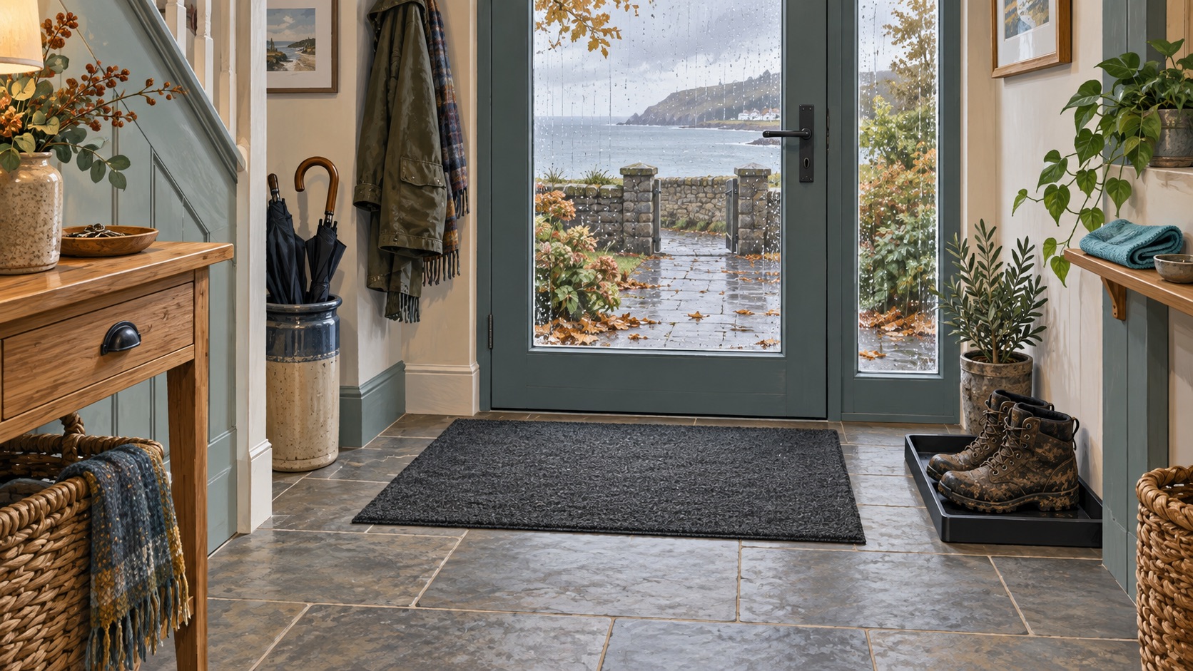 Illustration of an entrance mat lifted back to reveal grit on a hall floor, with muddy boots in a tray beside the door