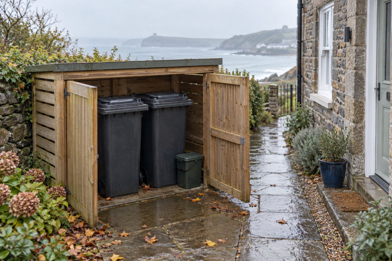Two wheelie bins and a food caddy in a timber bin store beside a wet coastal path