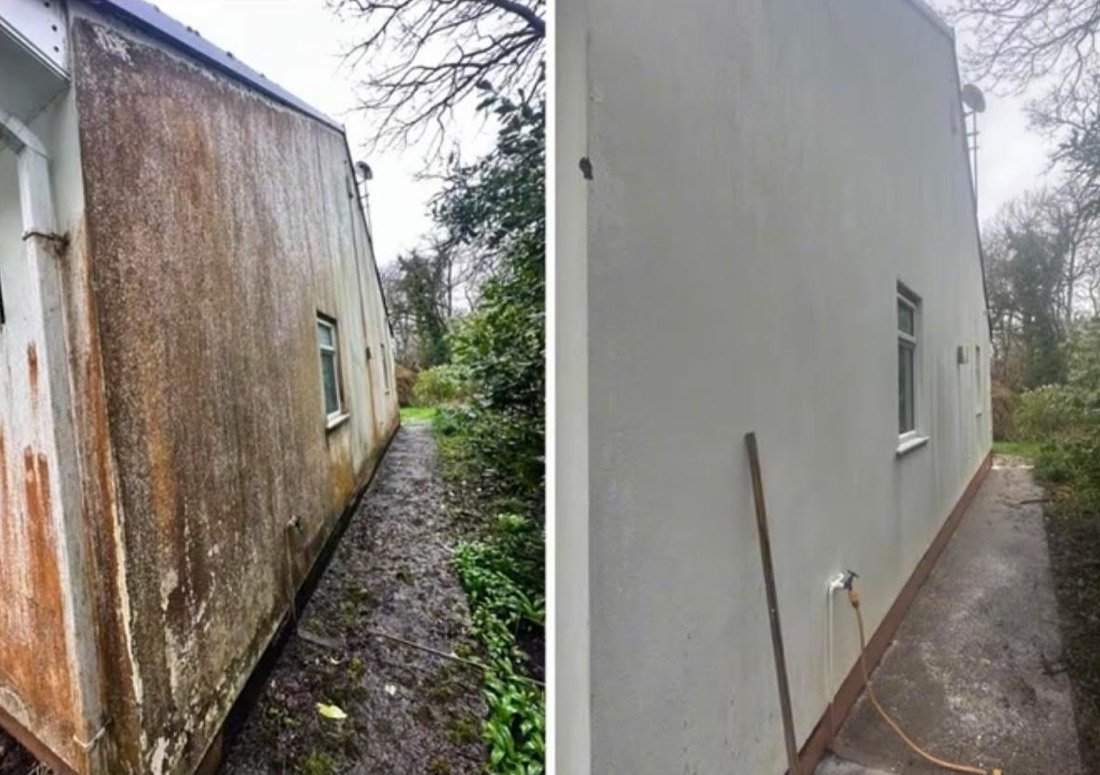 Illustrative low-pressure cleaning of a rendered exterior wall on an Isle of Man property